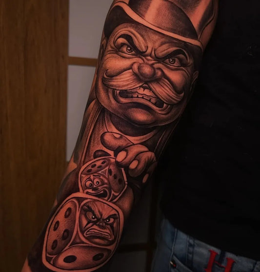Big Chicano Angry Mustached Man with Dice Tattoo on Men Arm by @leo.cardosottt