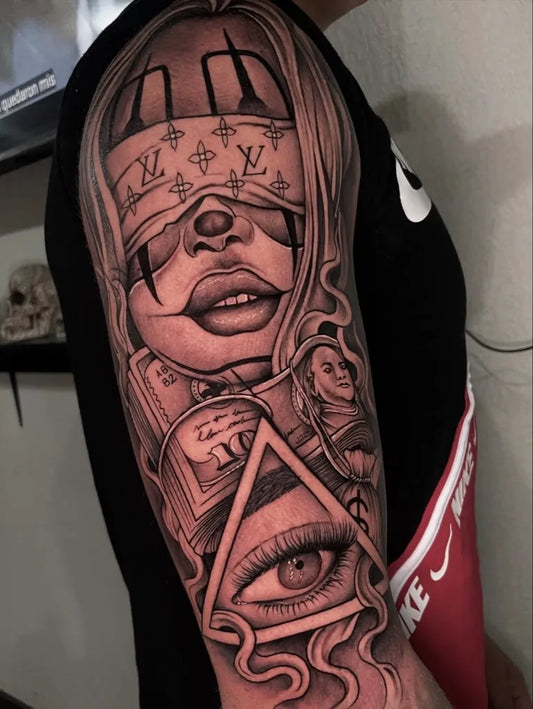 Big Chicano Blindfolded Woman with Money and All Seeing Eye Tattoo on Men Arm by @pelon_abc