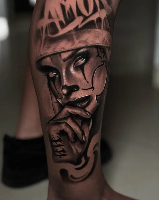 Big Chicano Chicana Girl with Teardrop and Graffiti Tattoo on Women Thigh by @domenico_marotta_tattoo