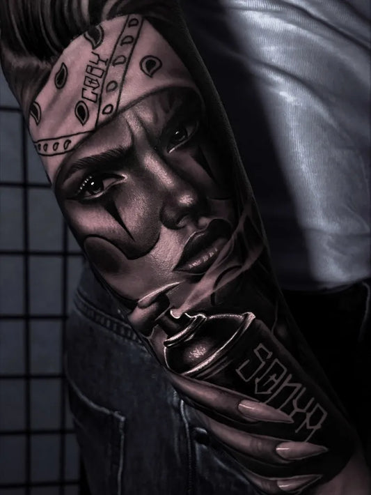 Big Chicano Chicana with Bandana and Spray Can Tattoo on Women Arm by @dcruz_tatz