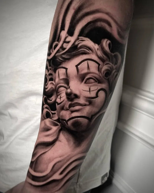Big Chicano Clown Face Tattoo on Men Arm by @francescofrigenti_tats