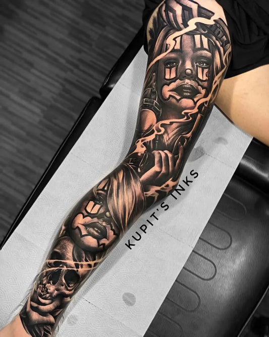 Big Chicano Clown Skull Lightning Tattoo on Women Thigh by @kupit_inkmatrix