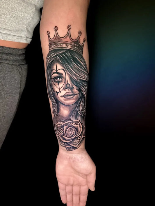 Big Chicano Crowned Sugar Skull Rose Tattoo on Women Arm by @pocotattooleeds