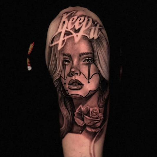 Big Chicano Crying Girl with Rose Tattoo on Women Arm by @lea.inks