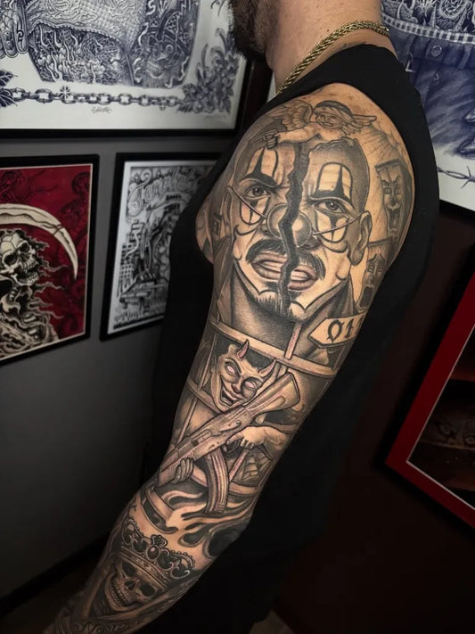 Big Chicano Dual Clown Faces with Demon Tattoo on Men Arm by @alestratattoo