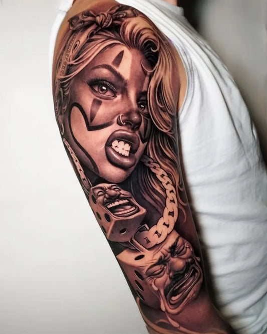 Big Chicano Girl with Dice and Masks Tattoo on Men Arm by @alemarianitattoo