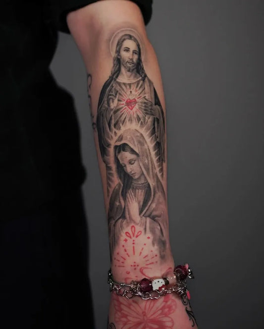 Big Chicano Jesus Mary Heart on Men Arm Religious Tattoo by @blastedtattoos