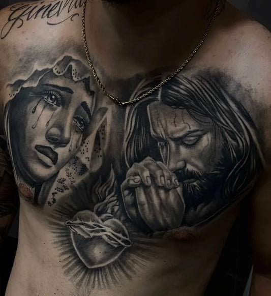 Big Chicano Jesus Mary Sacred Heart on Men Chest Religious Tattoo by @marioesattore