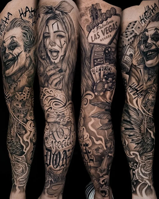 Big Chicano Joker Sugar Skull Las Vegas Tattoo on Men Leg by @bratz_tattoo