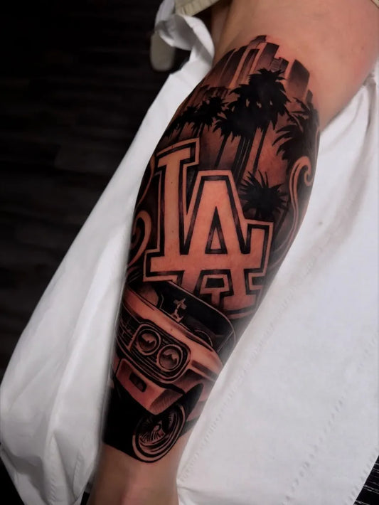 Big Chicano LosAngelesSkylineLowriderCar Tattoo on Men Leg by @troytucktattoo