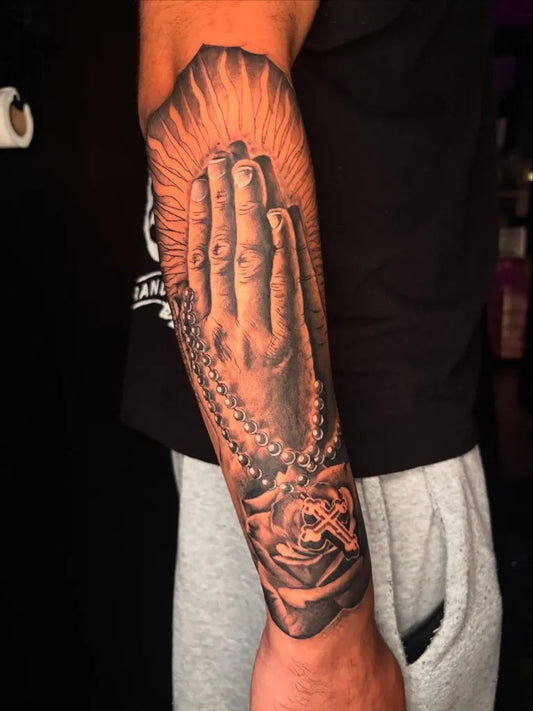 Big Chicano Praying Hands Rosary Cross on Men Arm Religious Tattoo by @tekiitattoos