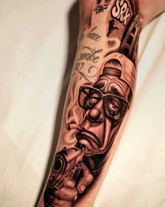 Big Chicano Sad smoking man with gun and script Tattoo on Men Arm by @ink.iodati
