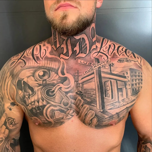 Big Chicano Skull Cityscape on Men Chest Tattoo by @tattoo_danyel