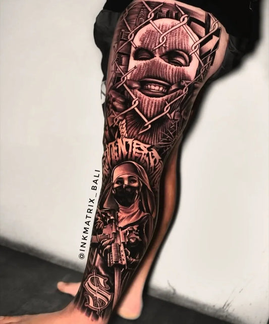 Big Chicano Skull MaskedWoman Chainlink Tattoo on Women Thigh by @inkmatrix_bali