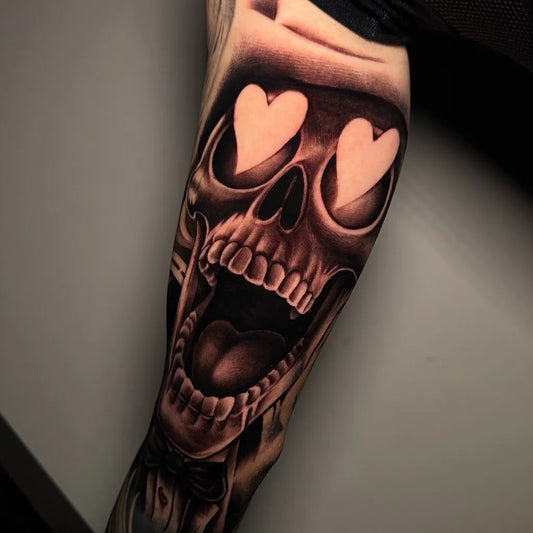 Big Chicano Skull with Heart Eyes Tattoo on Men Arm by @bloody.benci