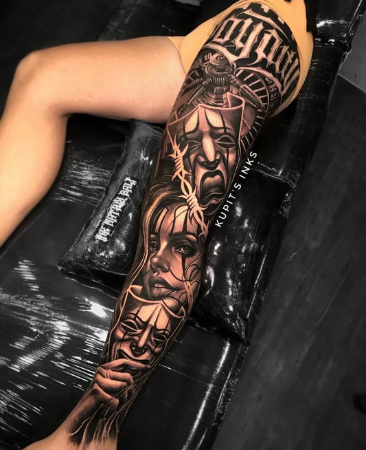 Big Chicano Skulls Faces Banner Tattoo on Women Thigh by @kupit_inkmatrix