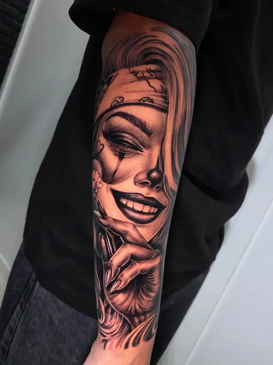 Big Chicano Smiling Woman with Bandana and Tears Tattoo on Men Arm by @jean_lo_cartel_tattoo
