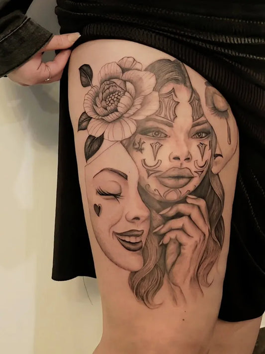 Big Chicano Sugar Skull Woman on Women Thigh Tattoo by @rudrainktattoo
