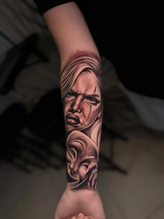 Big Chicano Tearful Woman and Mask Tattoo on Women Arm by @jack_anima_tattoo