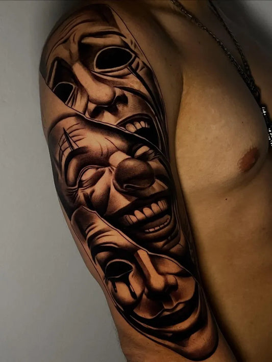 Big Chicano Three Jester Masks Tattoo on Men Arm by @yamm._ink