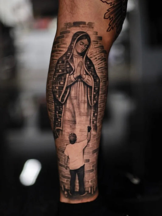 Big Chicano Virgin Mary Child Praying Tattoo on Men Leg by @joelmejiatattoo