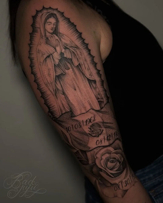 Big Chicano Virgin Mary Roses on Women Arm Religious Tattoo by @badjujutattoo