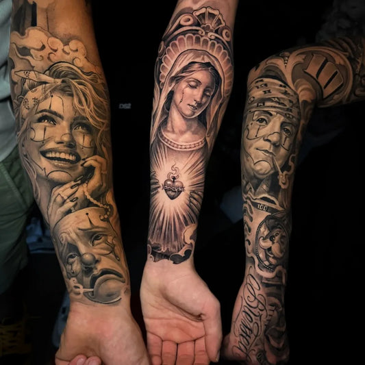 Big Chicano Virgin Mary Sacred Heart Clown Faces Tattoo on Men Arm by @yuripetrucci