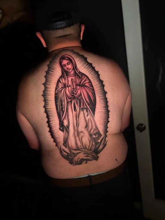 Big Chicano Virgin Mary Tattoo on Men Back by @max.rd13