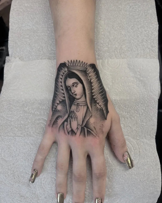 Big Chicano Virgin Mary on Women Wrist Tattoo by @skil_mitchell