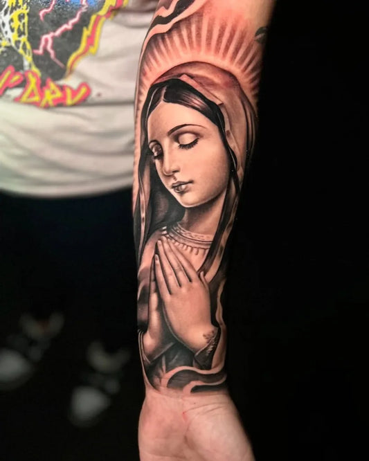 Big Chicano Virgin Mary with Praying Hands on Women Arm Religious Tattoo by @tattoosbybeng