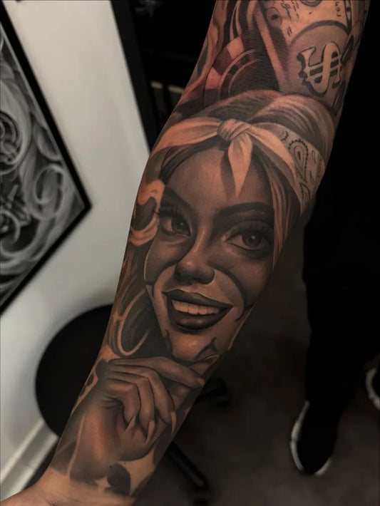 Big Chicano Woman with Bandana and Hoops Tattoo on Women Arm by @iosonolobbo
