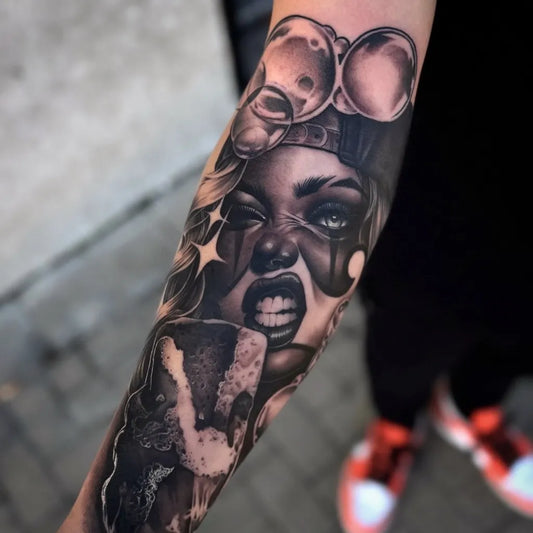 Big Chicano Woman with Bubbles and Ice Cream Tattoo on Women Arm by @bonilla_tattoo