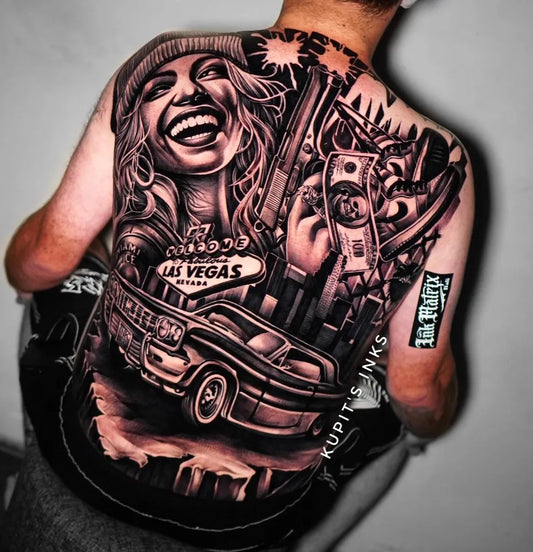 Big Chicano Woman with Car and Las Vegas Sign Tattoo on Men Back by @inkmatrix_bali