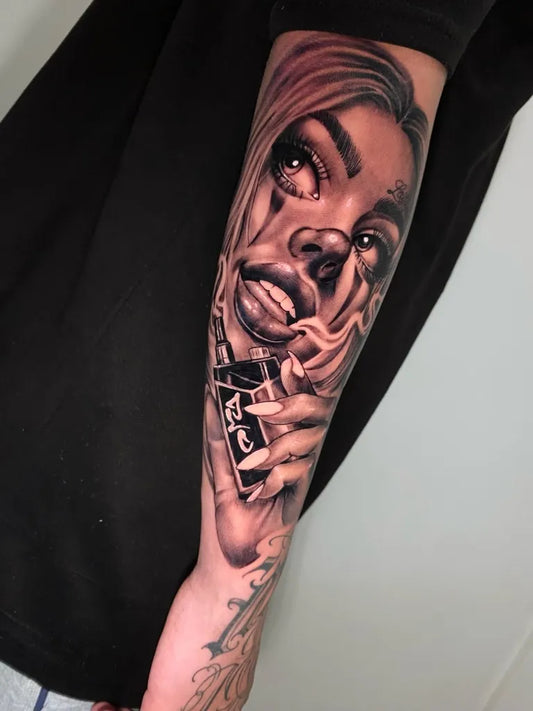 Big Chicano Woman with Cigarette Tattoo on Women Arm by @jean_lo_cartel_tattoo