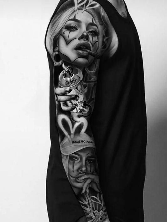 Big Chicano Woman with Clown Face Money Skull Snakes Tattoo on Women Arm by @magda.tattoo.art