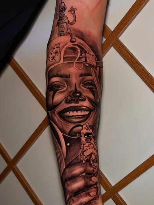 Big Chicano Woman with Clown Face and Robots Tattoo on Women Arm by @leo.cardosottt