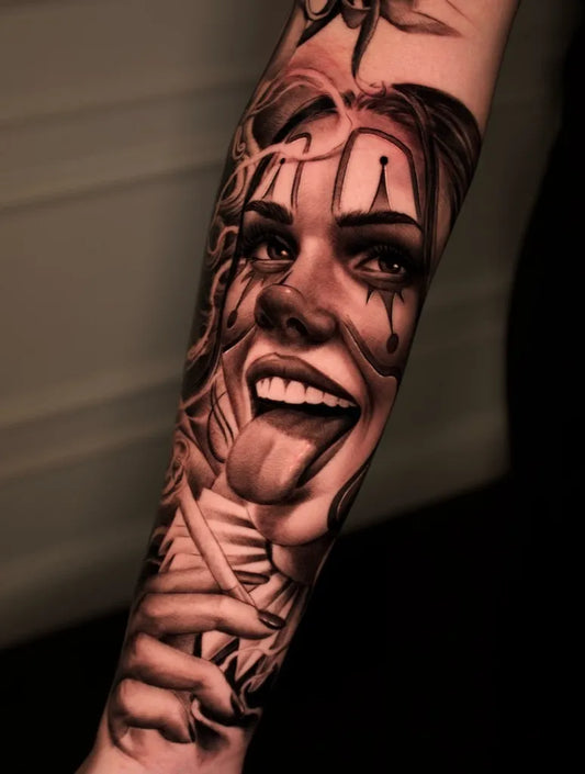 Big Chicano Woman with Clown Face and Tear Drops Tattoo on Women Arm by @francescofrigenti_tats
