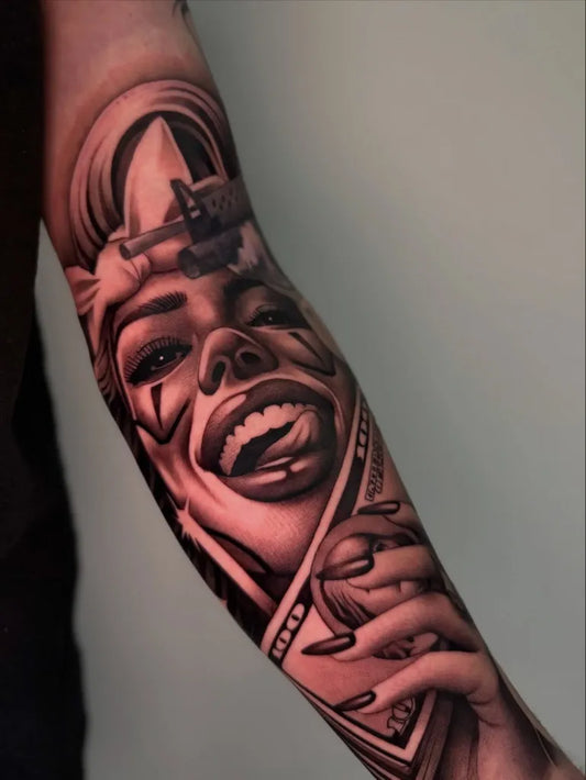 Big Chicano Woman with Clown Makeup Holding Money Tattoo on Women Arm by @octattoos__