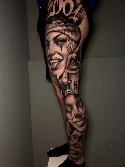 Big Chicano Woman with Clown Mask and Skulls Tattoo on Women Thigh by @luca_bruchi_tattoo