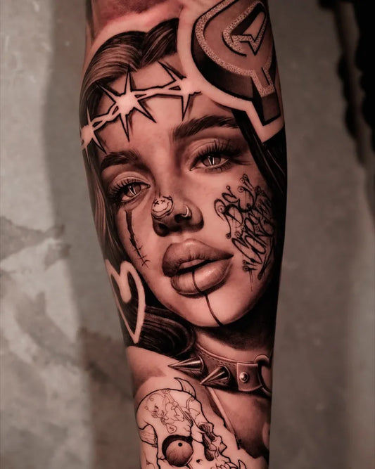 Big Chicano Woman with Crown of Thorns and Skull Tattoo on Women Arm by @thoresharpztattoo