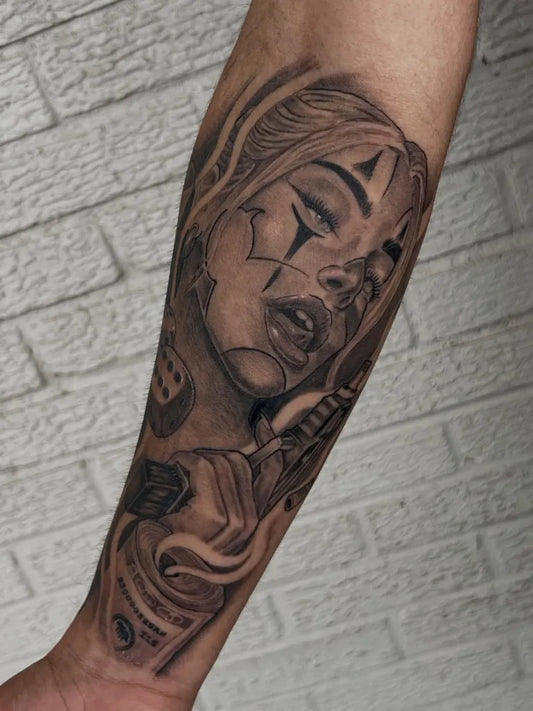 Big Chicano Woman with Dice and Cigarette Tattoo on Women Arm by @djones_tattoos