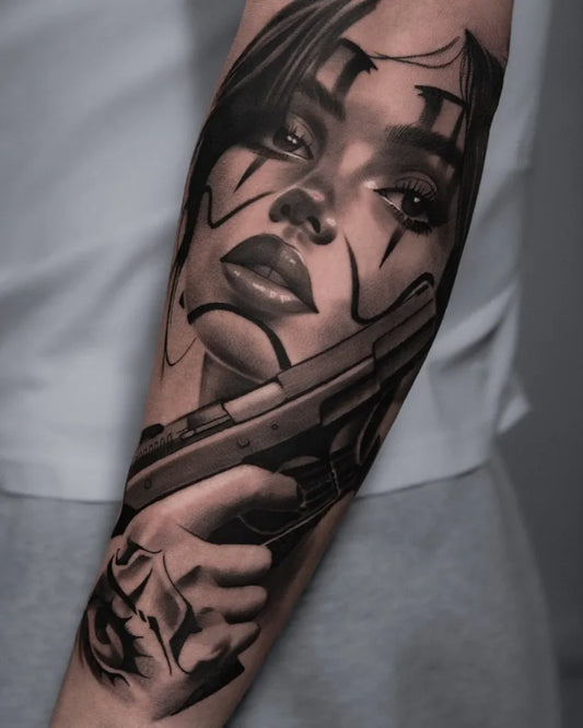 Big Chicano Woman with Gun and Tear Tattoo on Women Arm by @kiryl_st_tattoo