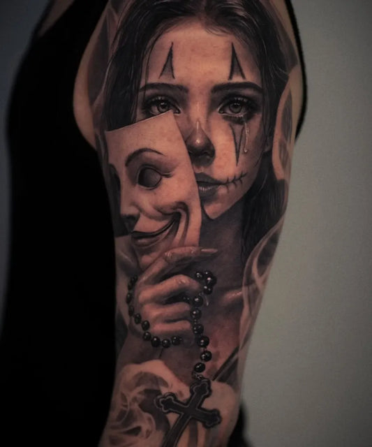 Big Chicano Woman with Harlequin Mask and Rosary Tattoo on Women Arm by @mstattooer