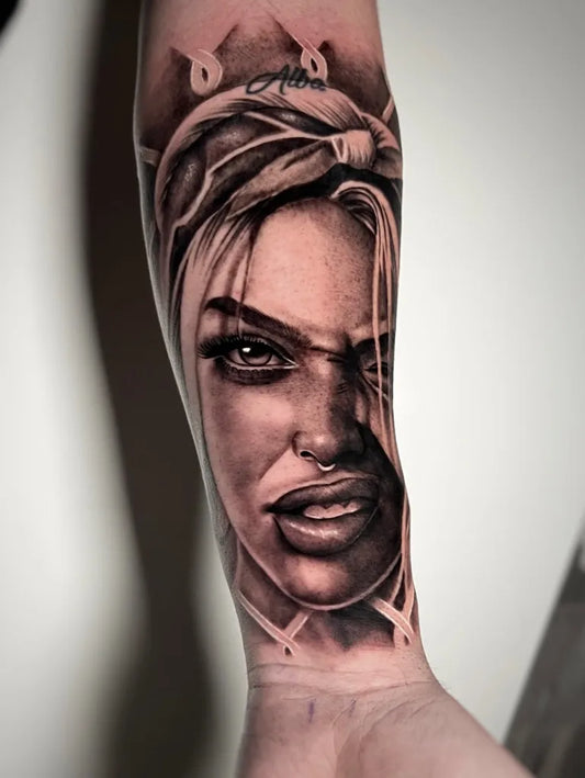 Big Chicano Woman with Headwrap Tattoo on Women Arm by @ariadnetattoo_