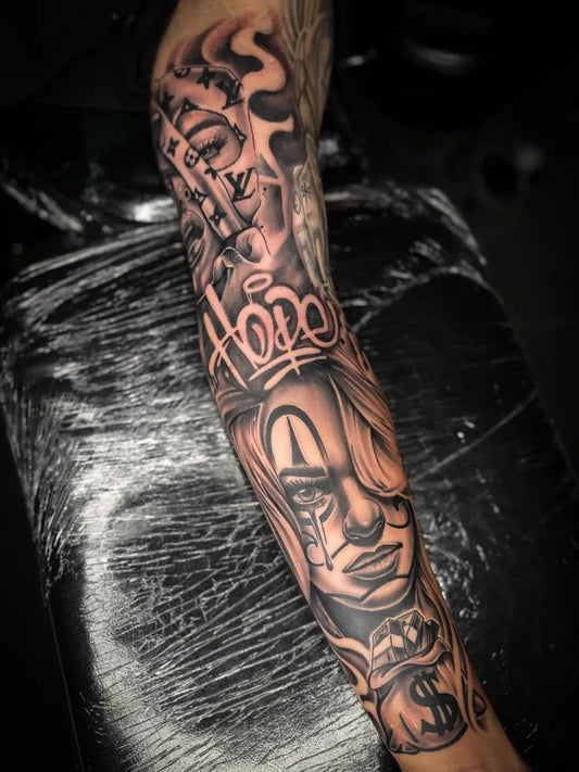 Big Chicano Woman with Hope Script and Money Scroll Tattoo on Women Arm by @andytatt13