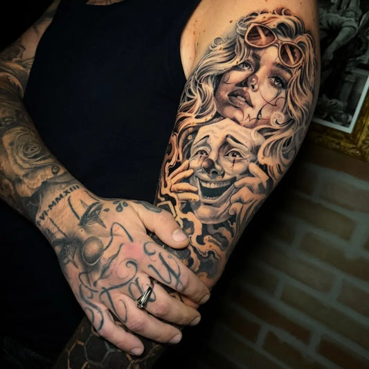 Big Chicano Woman with Masks Tattoo on Men Arm by @yuripetrucci