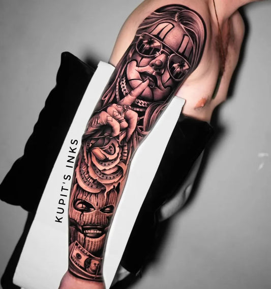 Big Chicano Woman with Money and Shh Gesture Tattoo on Men Arm by @kupit_inkmatrix