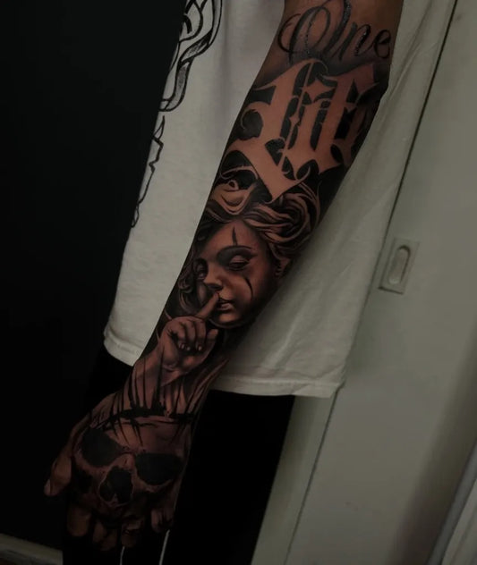 Big Chicano Woman with Skull and Lettering Tattoo on Men Arm by @julianvillatatuador