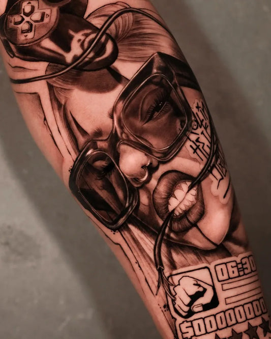 Big Chicano Woman with Sunglasses and Script Tattoo on Women Arm by @thoresharpztattoo