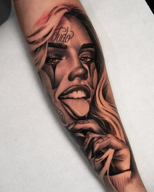 Big Chicano Woman with Teardrops and Tongue Tattoo on Women Arm by @jean.ayala.tattoo